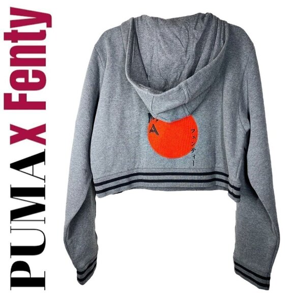 PUMA x FENTY Gray Cropped Oversized Lace Up Rising Sun Hoodie, Size Small - Picture 5 of 12